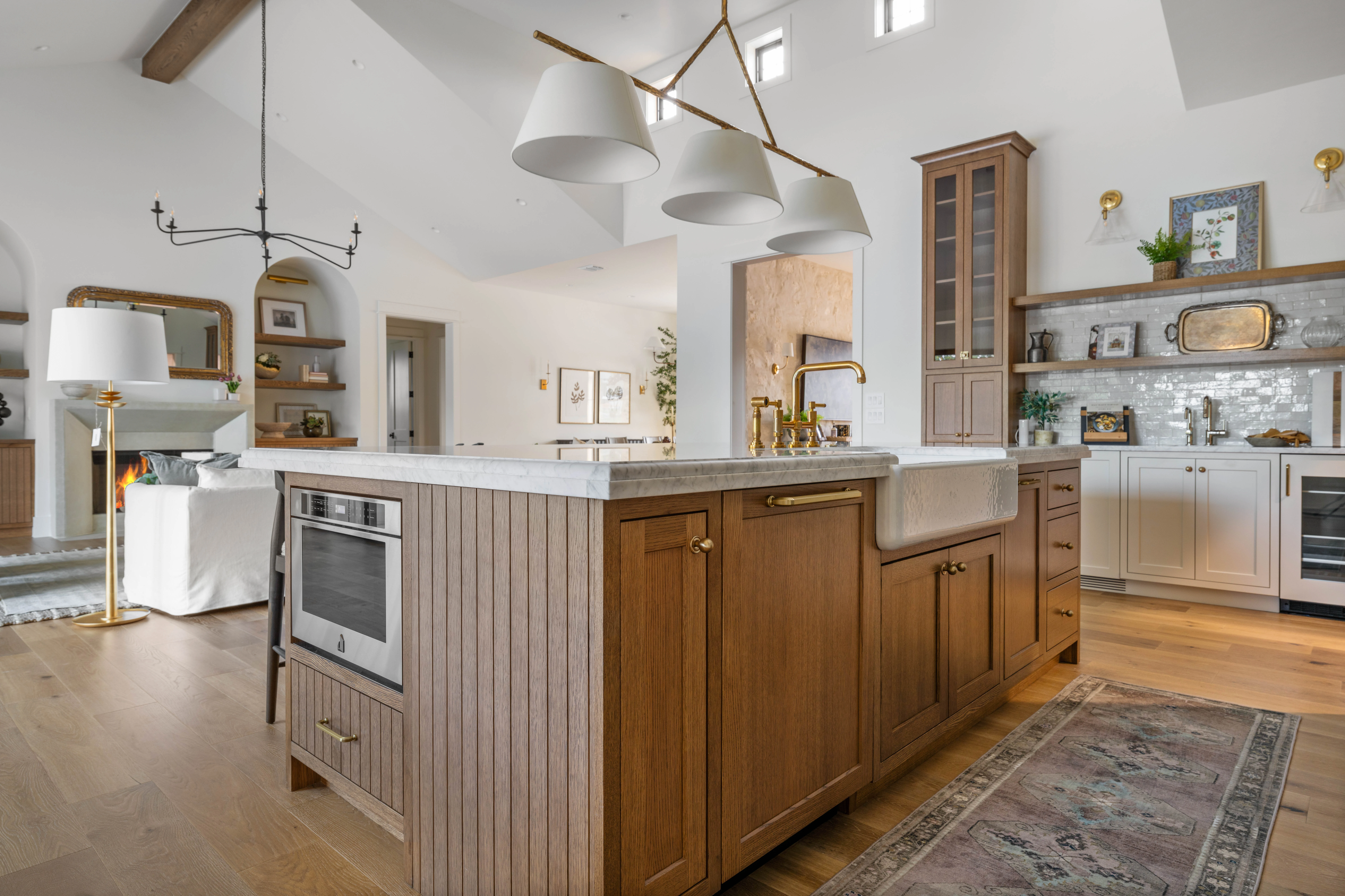 The kitchen island seen the length of the room