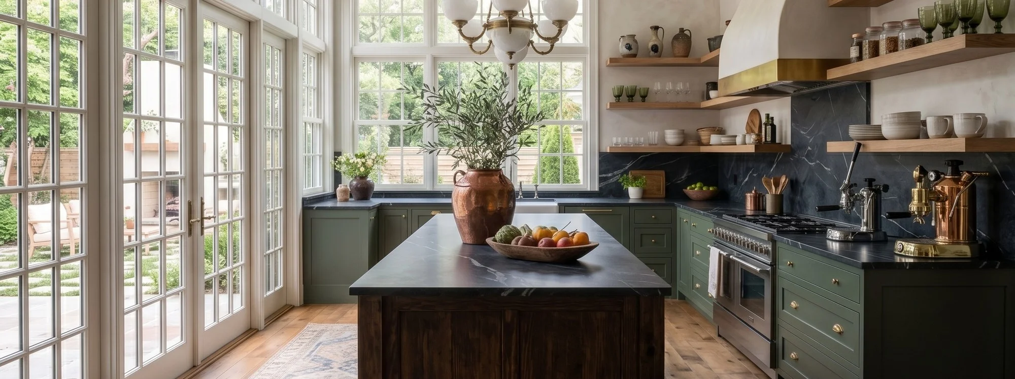 Green kitchen with a dark island and french doors opening onto the garden