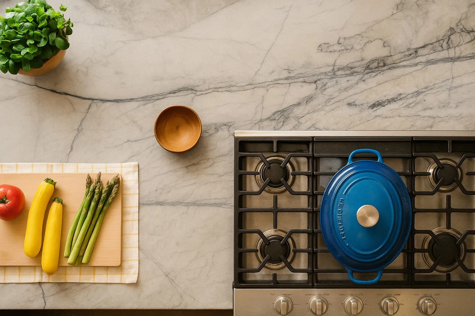 Fantasy Lux countertop beside a gas range, with a blue Dutch oven and fresh vegetables