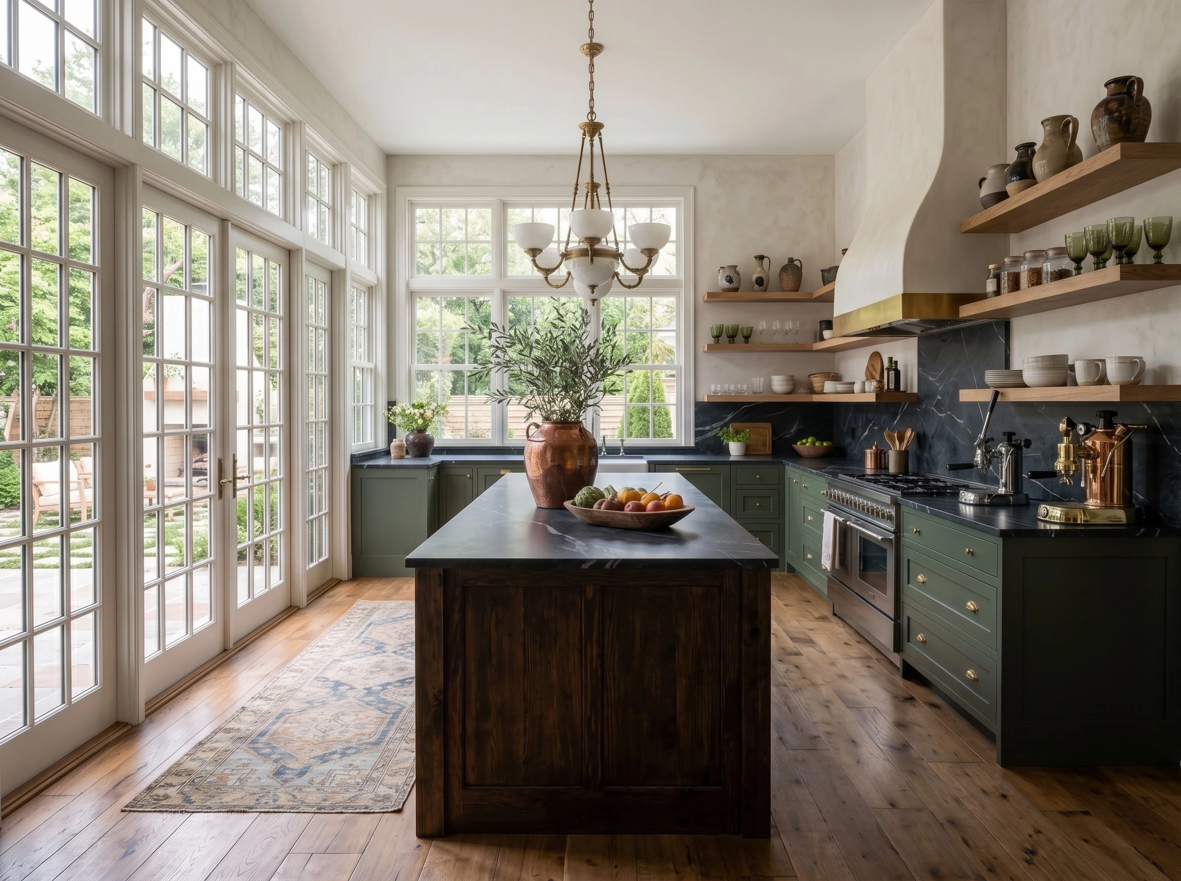 Kitchen with green cabinetry, a dark soapstone island and a wall of French doors