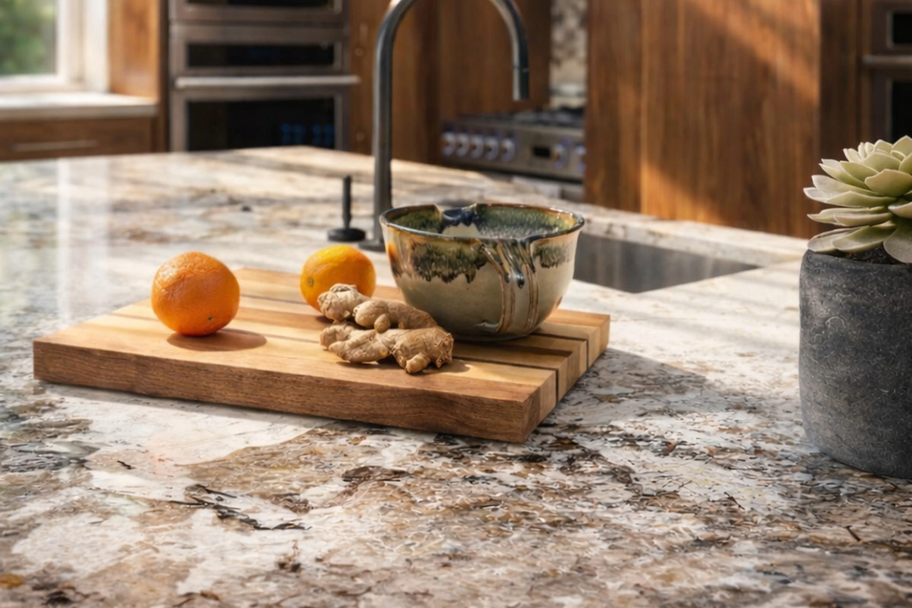 Granite kitchen island with a cutting board of oranges and ginger, walnut cabinetry behind