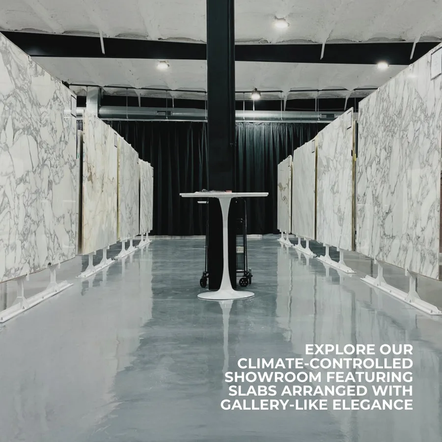 Lookbook Vol. 1, page 2: EXPLORE OUR CLIMATE-CONTROLLED SHOWROOM FEATURING SLABS ARRANGED WITH GALLERY-LIKE ELEGANCE