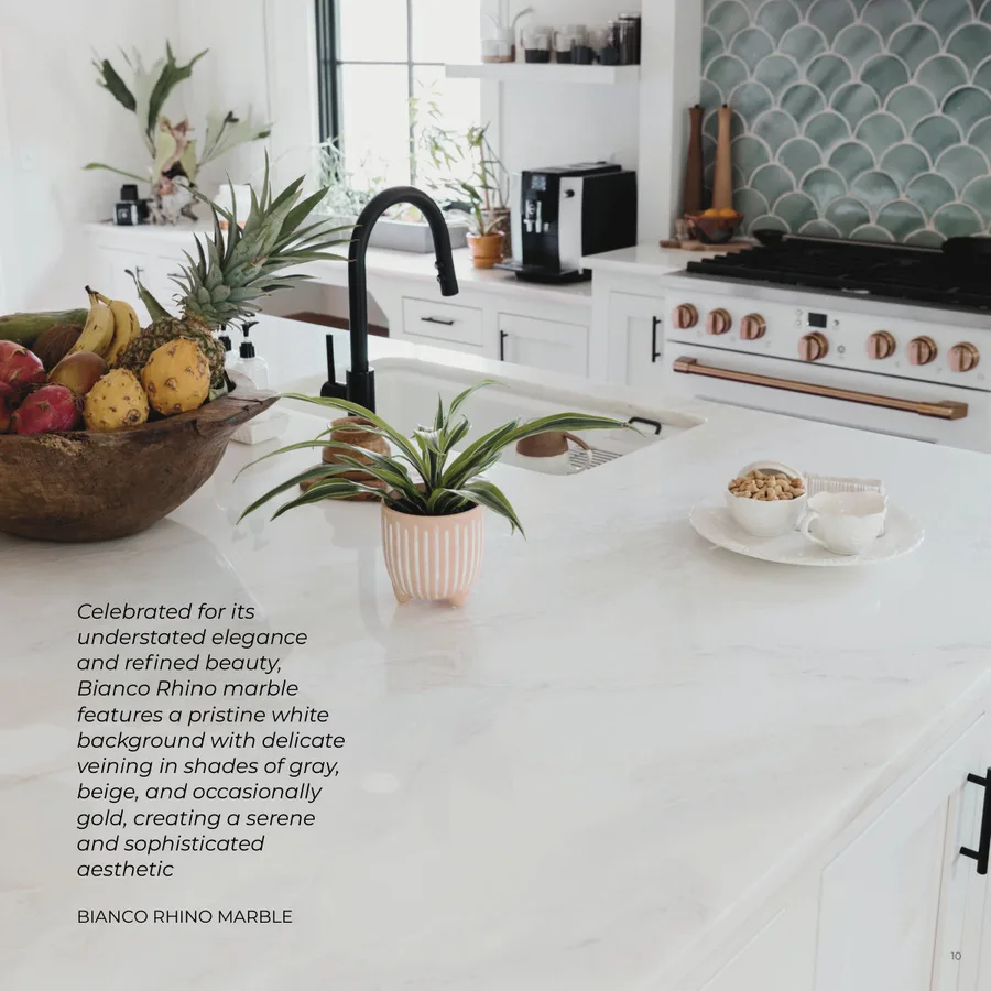 Lookbook Vol. 1, page 13: BIANCO RHINO MARBLE Celebrated for its understated elegance and refined beauty, Bianco Rhino marble features a pristine white background with delicate veining in shades of gray, beige, and occasionally gold, creating a serene and sophisticated aesthetic 10