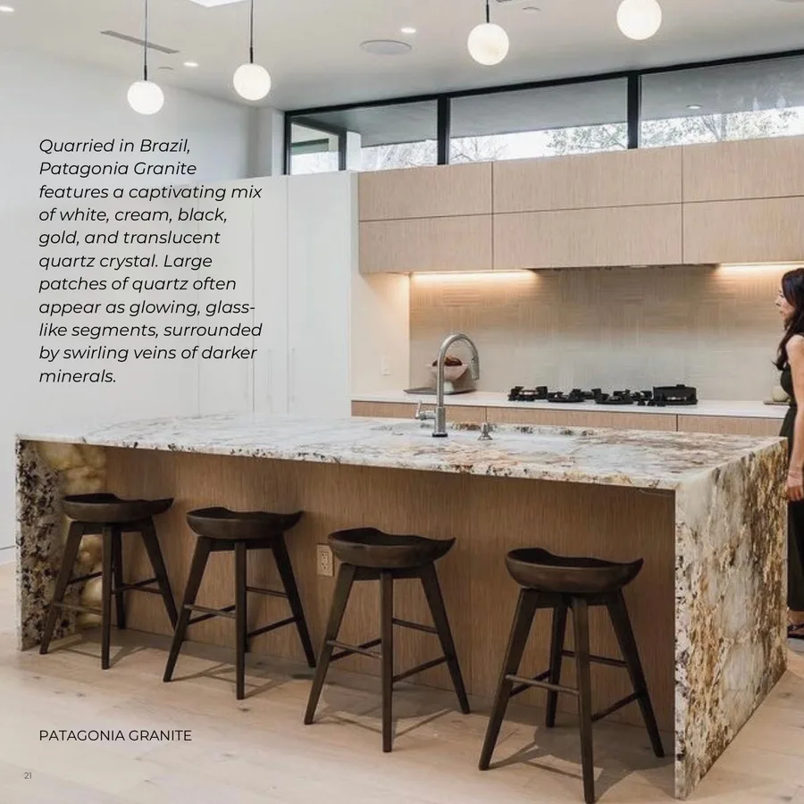Lookbook Vol. 1, page 24: Quarried in Brazil, Patagonia Granite features a captivating mix of white, cream, black, gold, and translucent quartz crystal. Large patches of quartz often appear as glowing, glass- like segments, surrounded by swirling veins of darker minerals. PATAGONIA GRANITE 21