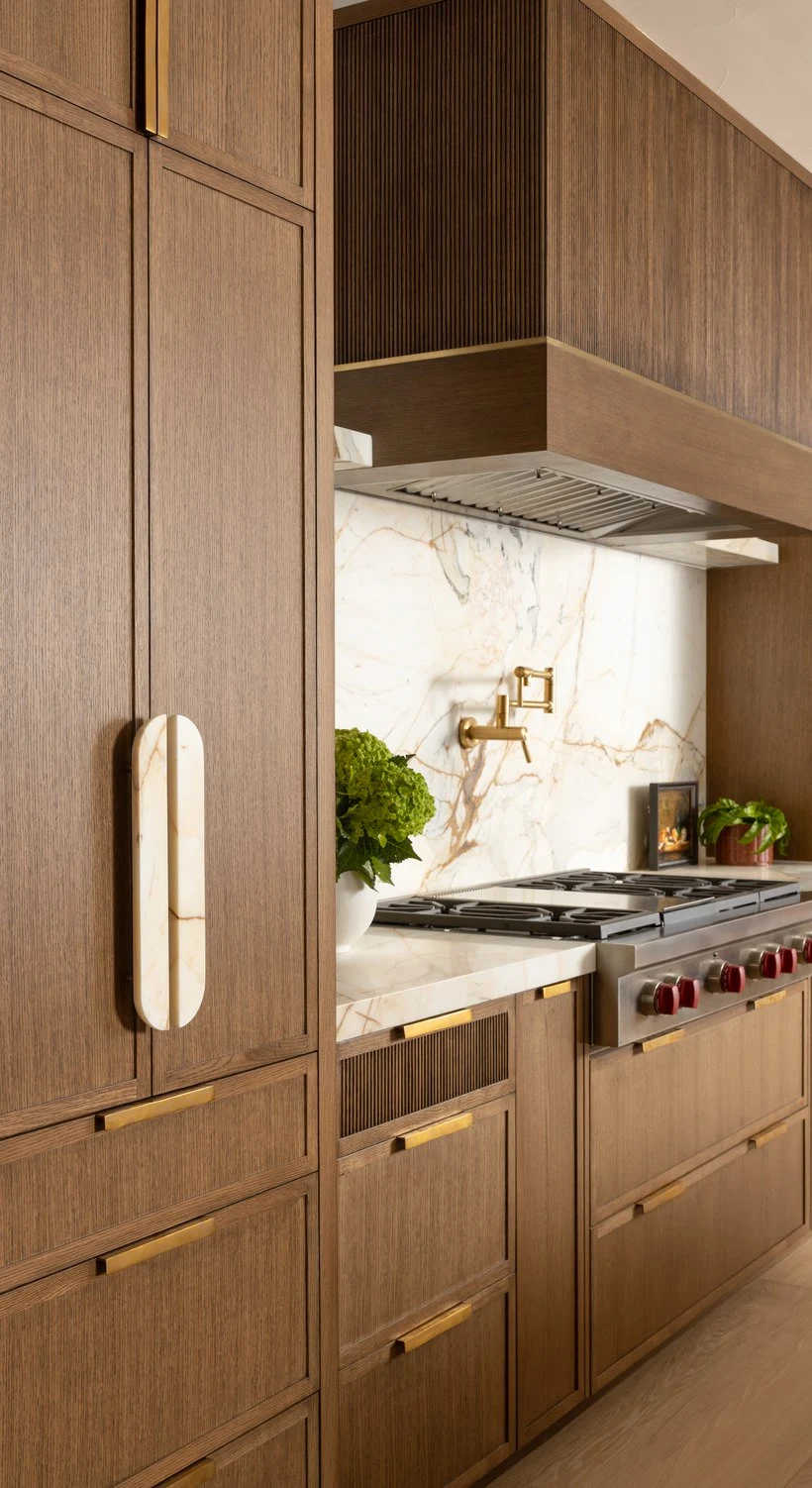 Fluted walnut panels beside the Calacatta Picasso range wall