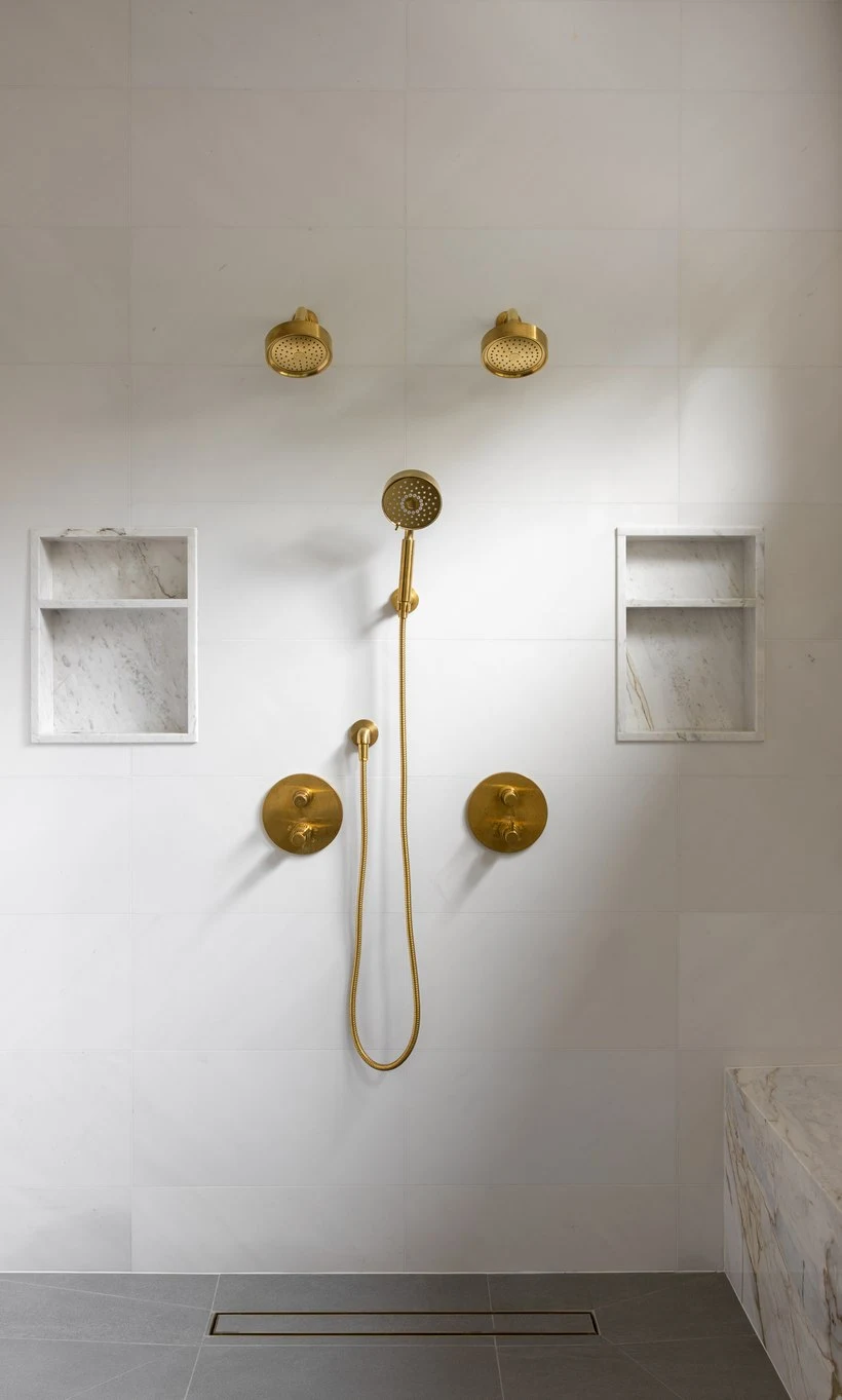 Brass shower fittings against a white marble wall