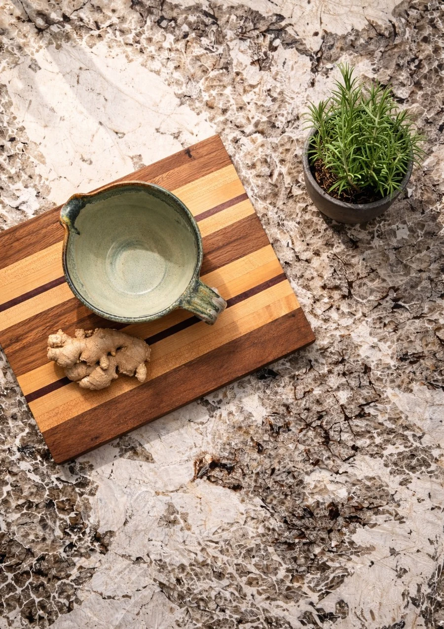 Patagonia granite surface styled with a wooden board and a green bowl