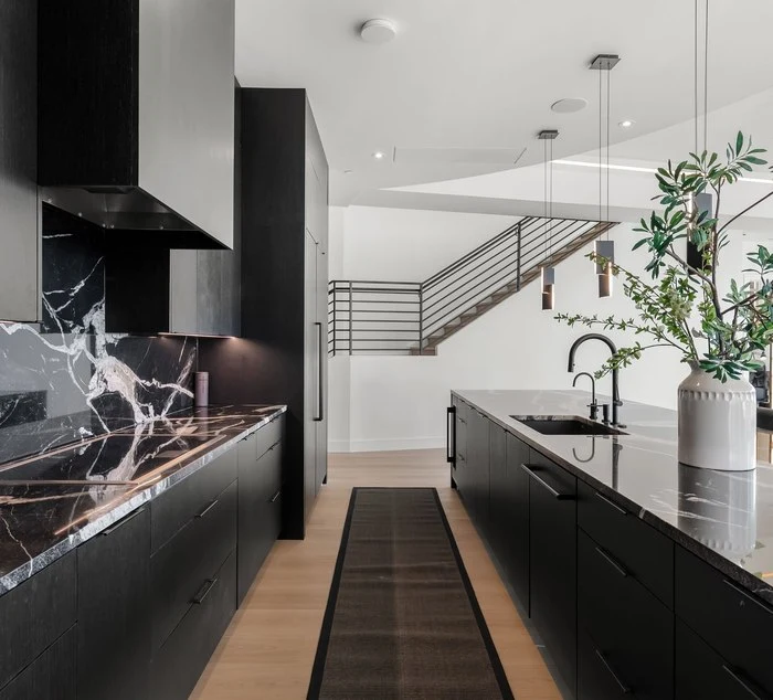 Sky Fall backsplash beside the open stair
