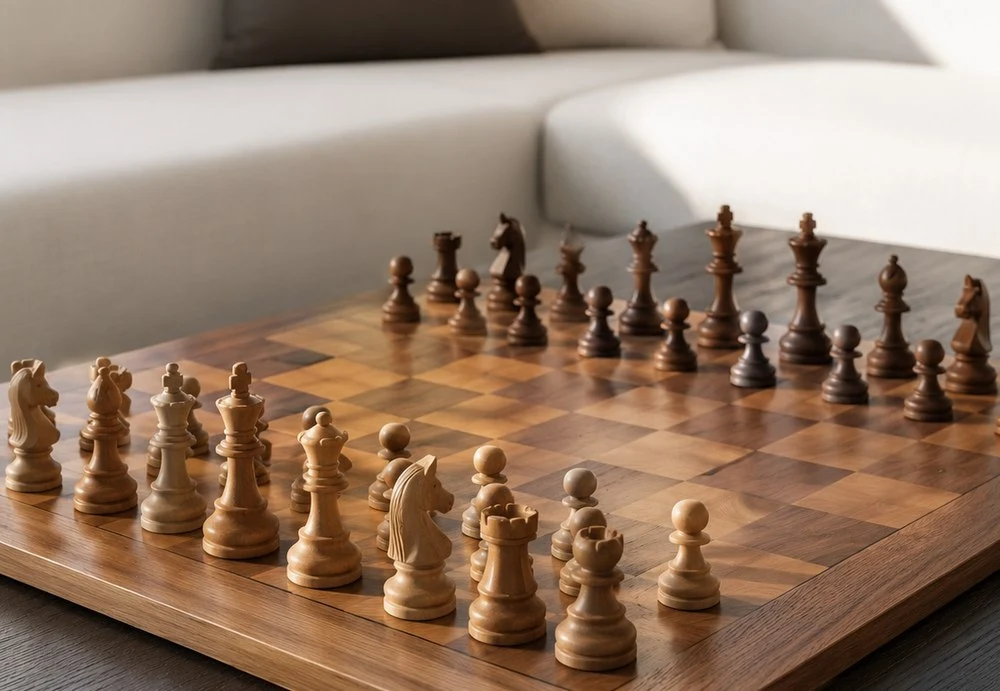 Chess set on a wooden board beside the sectional
