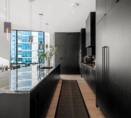 Black cabinetry running the length of the galley
