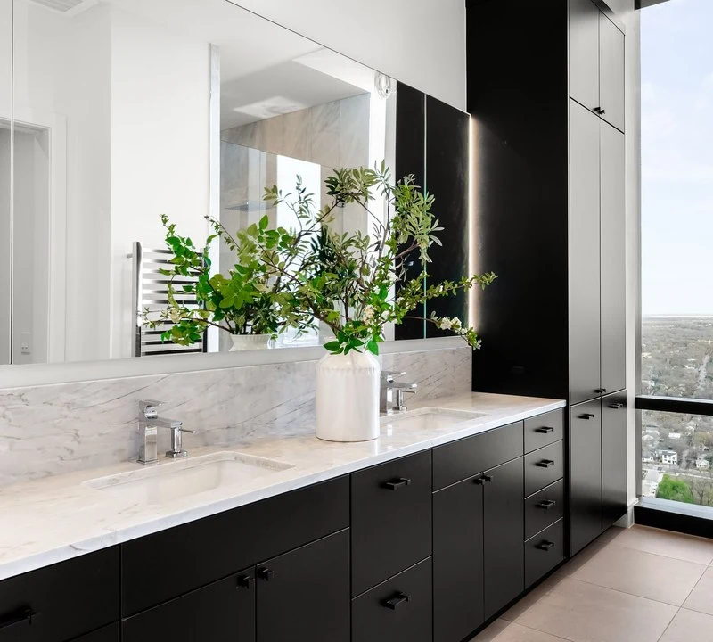 Double vanity with dark cabinetry and a skyline view