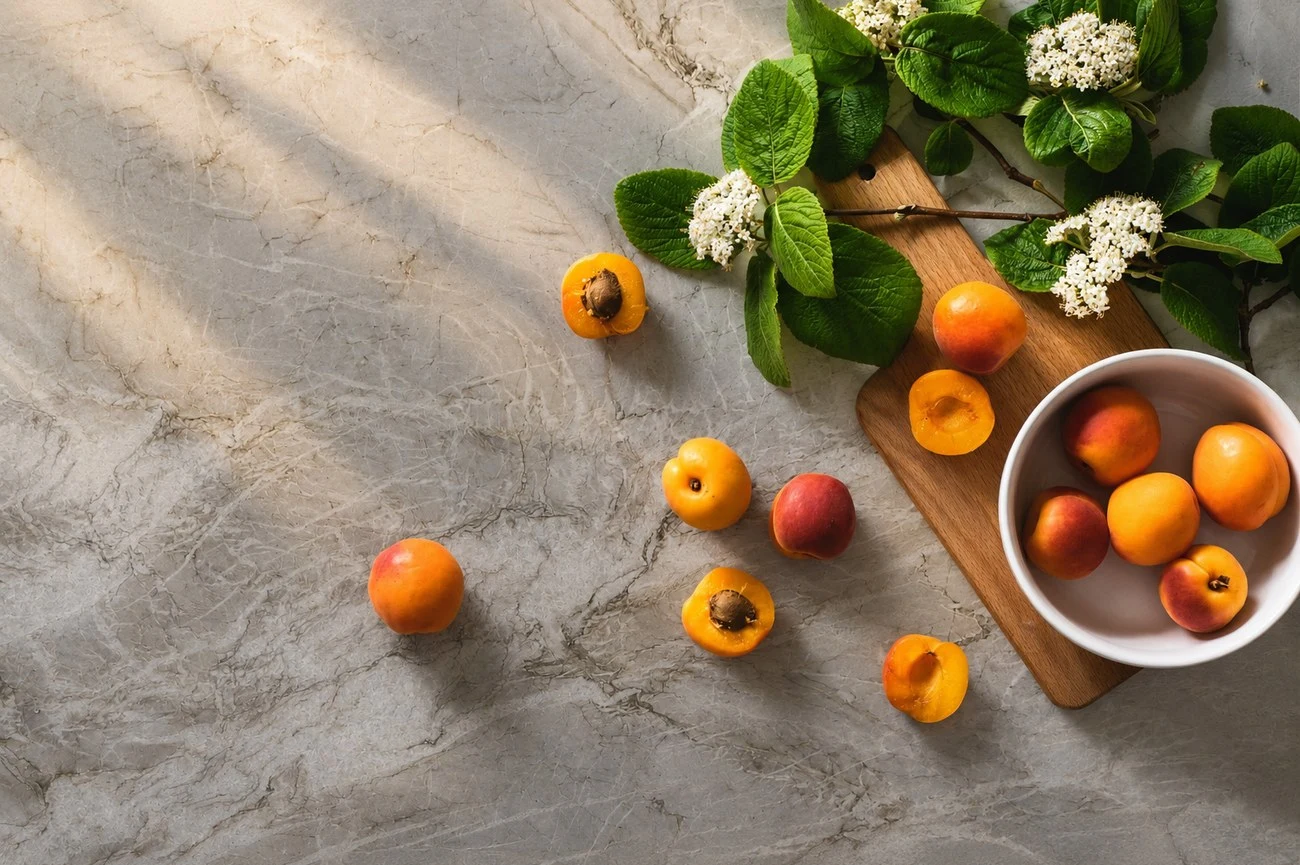 Marble counter in morning light with apricots and a timber board