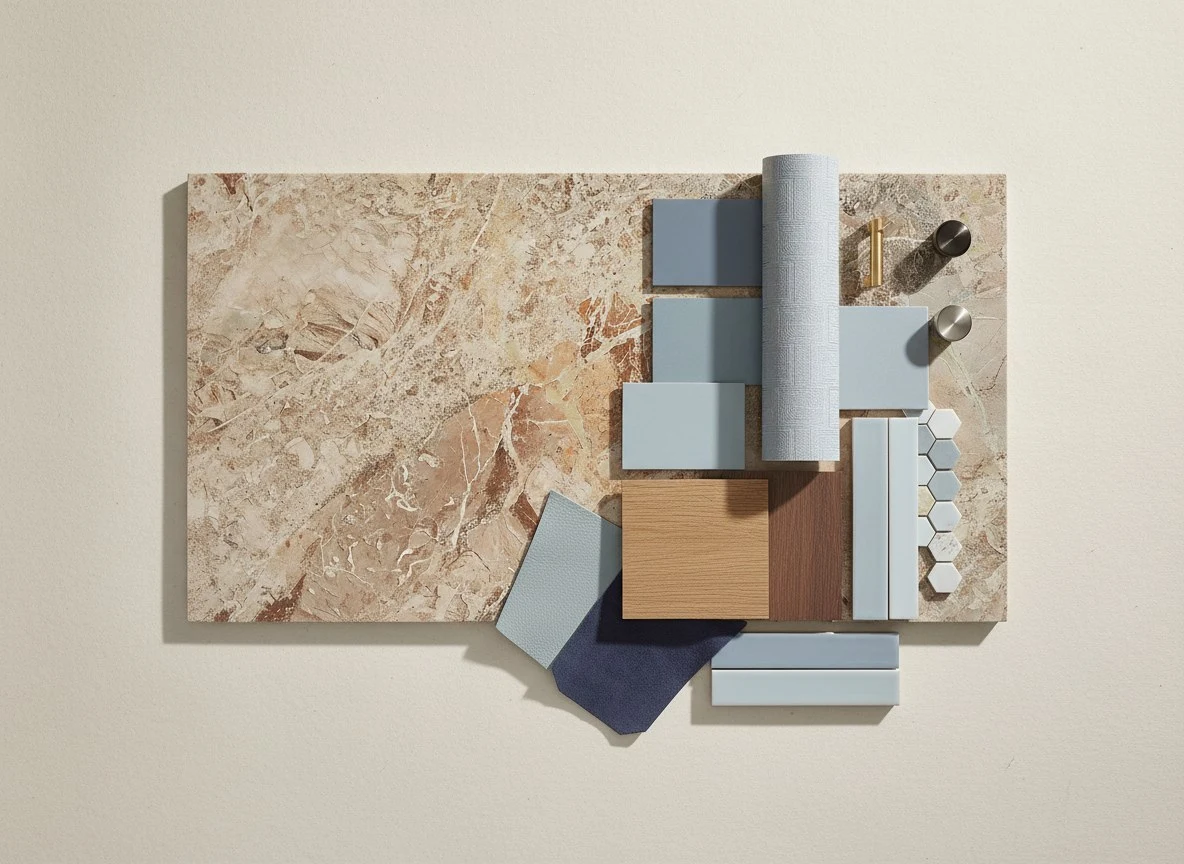 A material board pairing stone with cabinet, metal and fabric samples