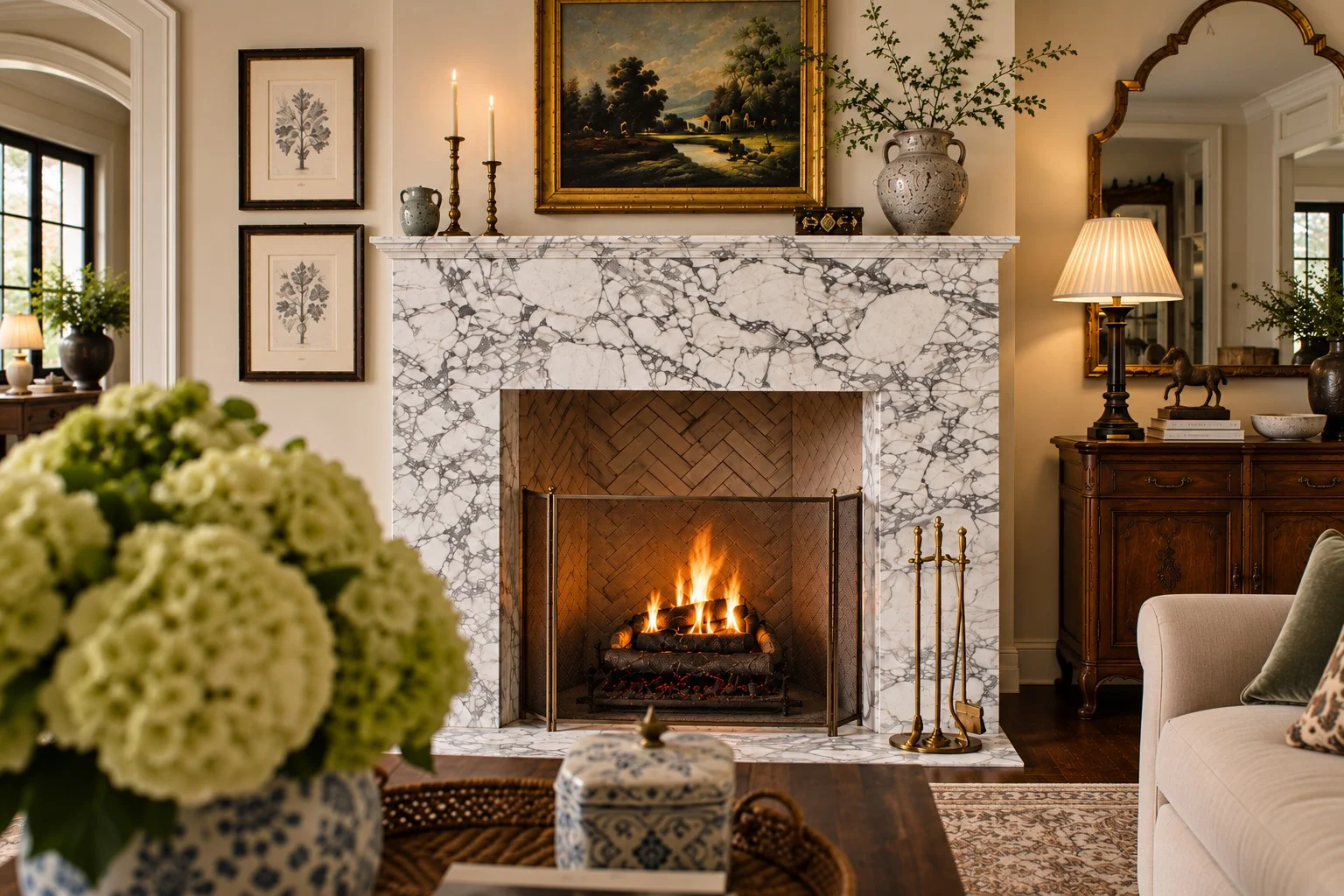 Living room with a heavily veined marble fireplace, an oil painting above and hydrangeas in the foreground
