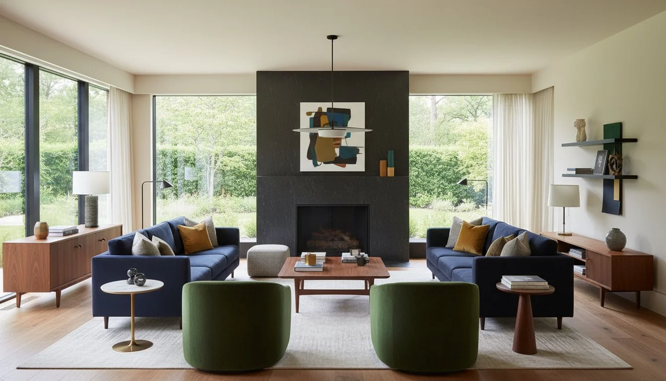 Living room with a Virginia Mist granite fireplace surround between two navy sofas and green armchairs